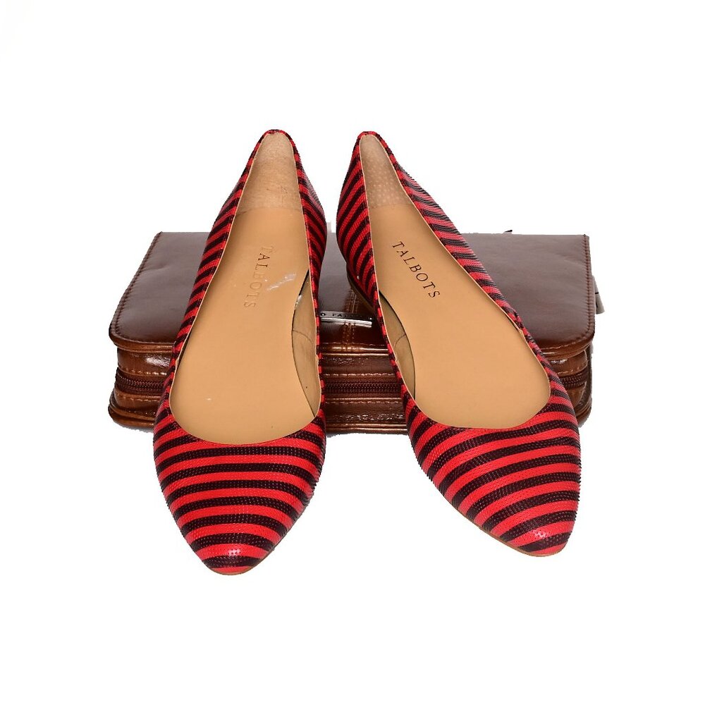 TALBOTS Edision Vibrant Poppy & Navy Striped Ballet Flats-Preppy- Nautical vibes - Picture 2 of 13